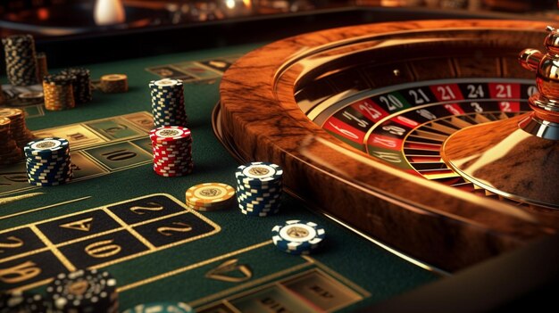 There are many casino chips on the table with a roule generative ai