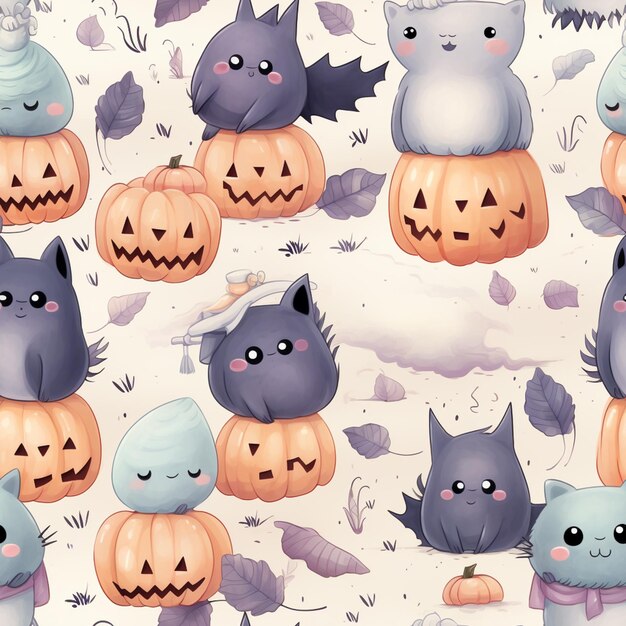 there are many cats and bats sitting on pumpkins in the field generative ai