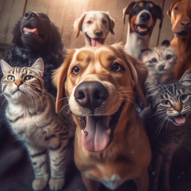 部屋にたくさんの猫と犬が一緒に立っている生成ai