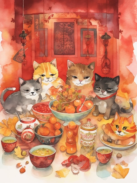 there are many cats sitting around a table with bowls of food generative ai