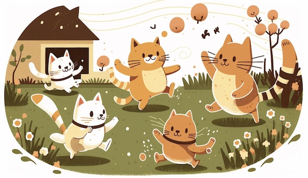 There are many cats that are playing in the grass together generative ai