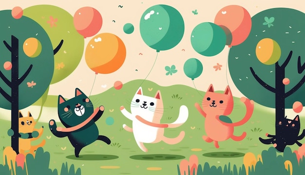 There are many cats that are playing with balloons in the park generative ai