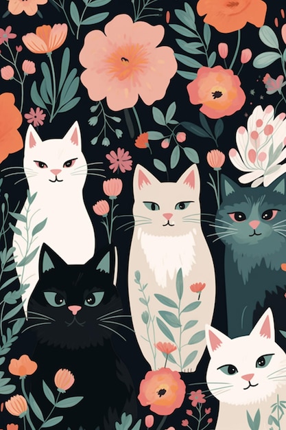 there are many cats that are sitting together in the flowers generative ai