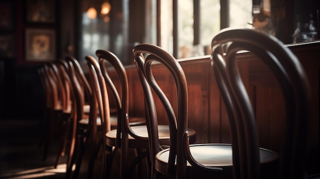 레스토랑 생성 AI에는 많은 의자가 일렬로 늘어서 있습니다.