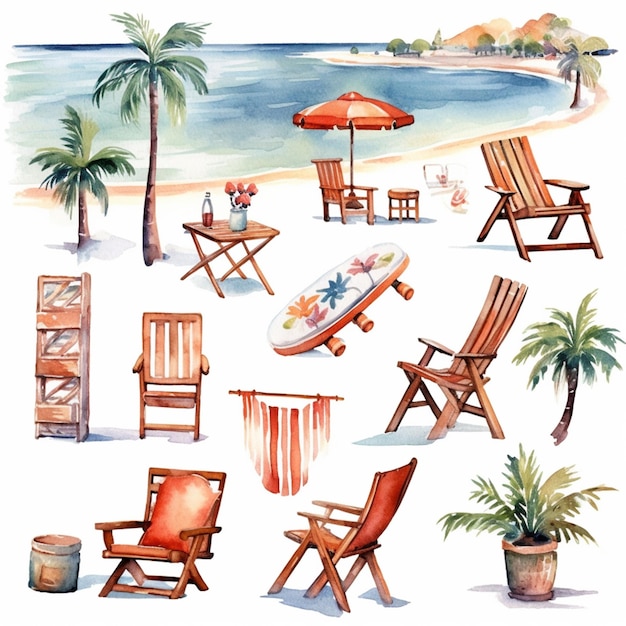 Photo there are many chairs and tables on the beach with palm trees generative ai