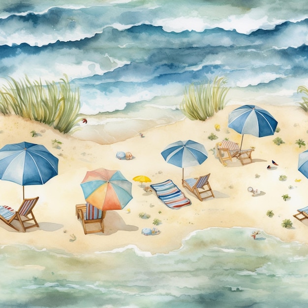 Foto ci sono molte sedie e ombrelli sulla spiaggia vicino all'acqua generativa ai