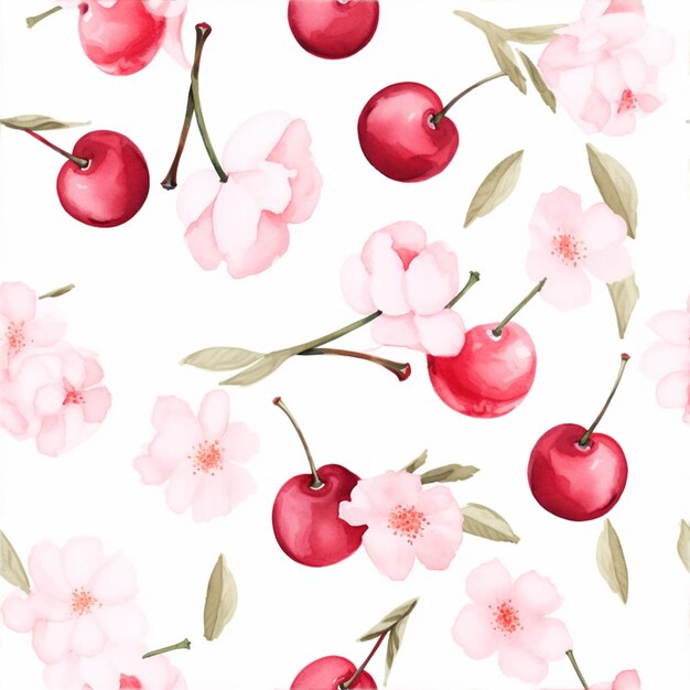 there are many cherries on the white background with pink flowers generative ai