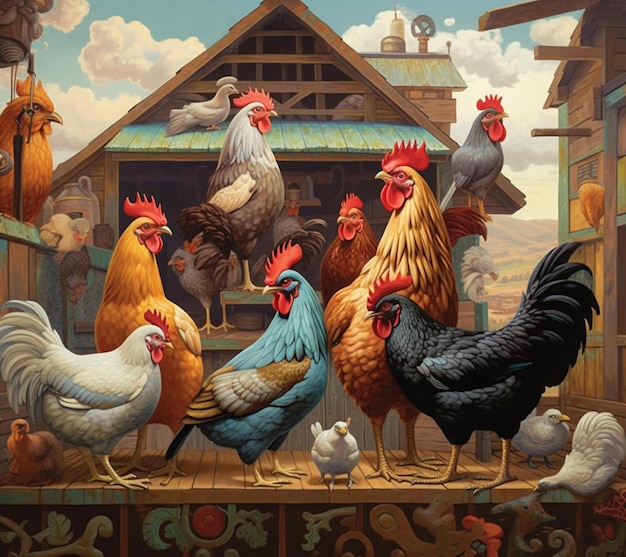 there are many chickens standing in a barn with a barn in the background generative ai