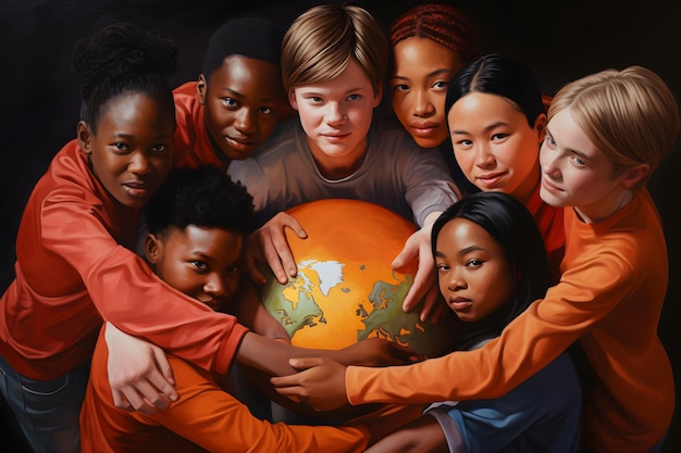 there are many children holding a globe together in a circle Generative AI