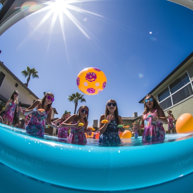 There are many children playing in a pool with a ball generative ai