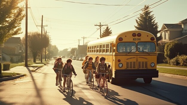 There are many children riding bikes in front of a school bus generative ai