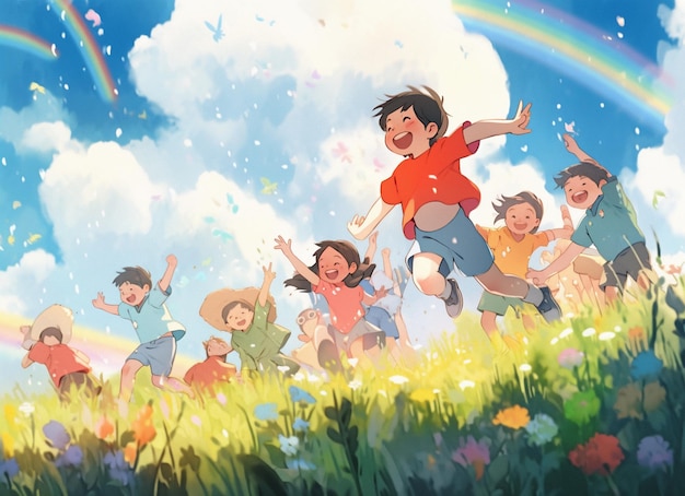 there are many children running in a field with a rainbow in the sky generative ai