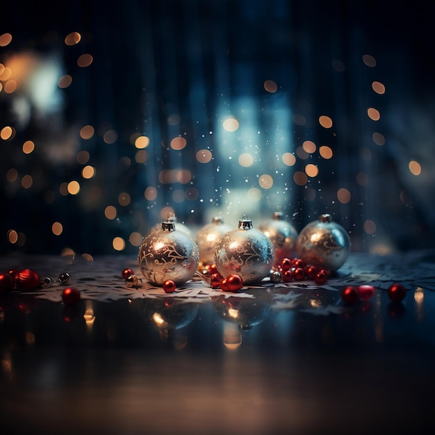 There are many christmas ornaments on the table with lights in the background generative ai