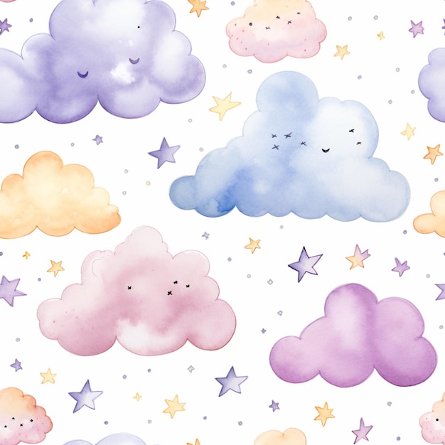 Есть много облаков и звезд, которые окрашены в разные цвета.