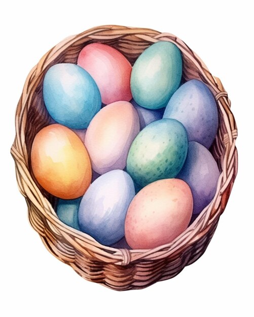 There are many colored eggs in a basket on the table generative ai