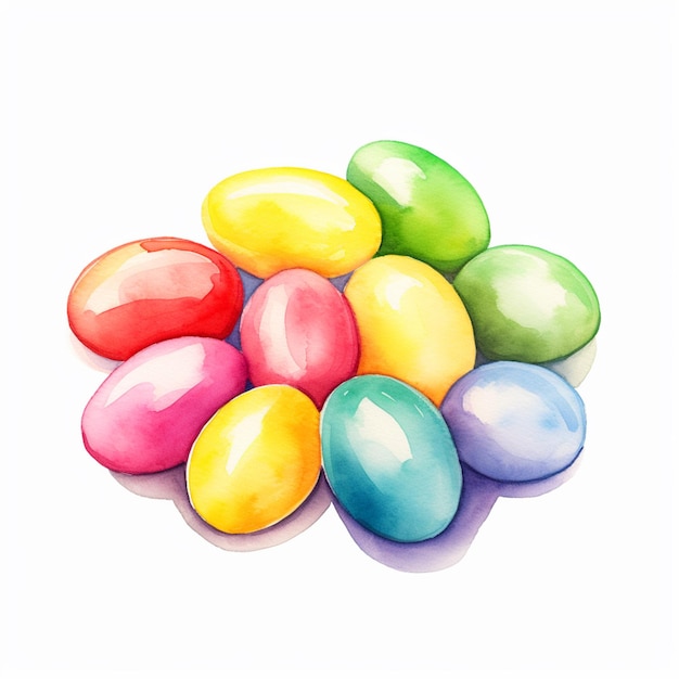 there are many colored eggs sitting on a white surface generative ai