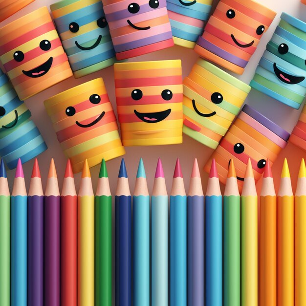 There are many colored pencils with faces on them lined up generative ai