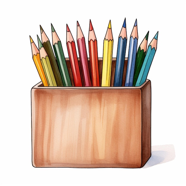 나무 상자에 많은 색 ⁇ 의 연필이 있습니다.