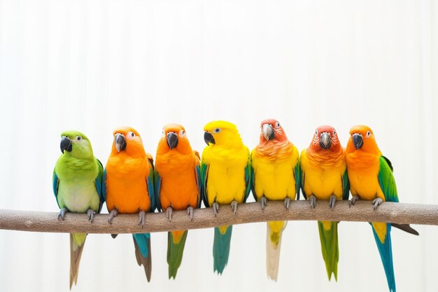 there are many colorful birds sitting on a branch together generative ai