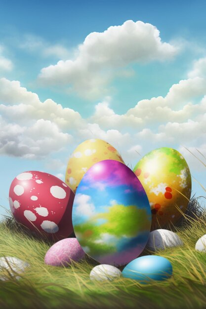 There are many colorful easter eggs in the grass on a sunny day generative ai