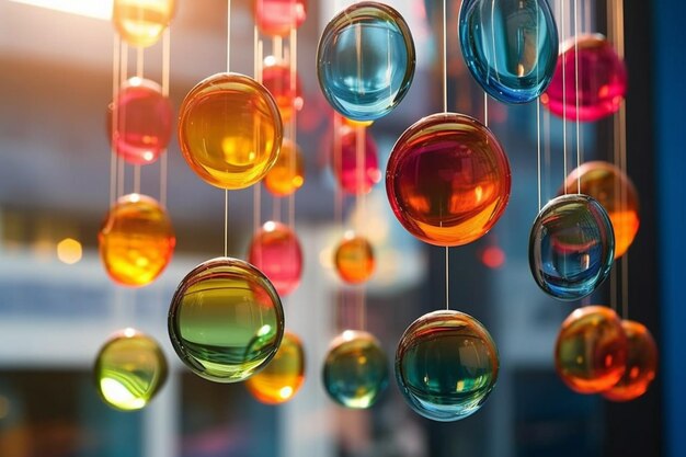 사진 창문에서 매달린 많은 다채로운 유리 공이 있습니다.