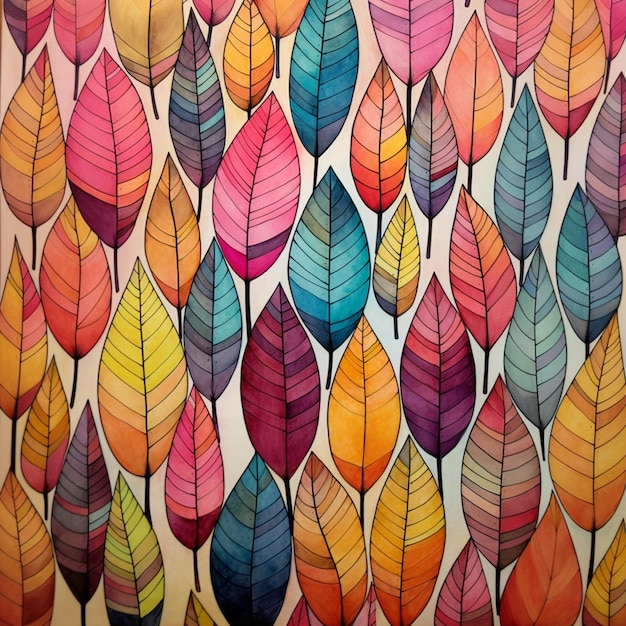 there are many colorful leaves painted on a wall generative ai