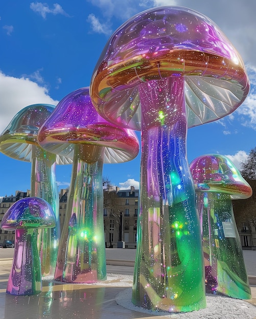 there are many colorful mushrooms that are on display in the street generative ai