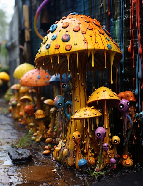 there are many colorful mushrooms that are on the side of the road generative ai