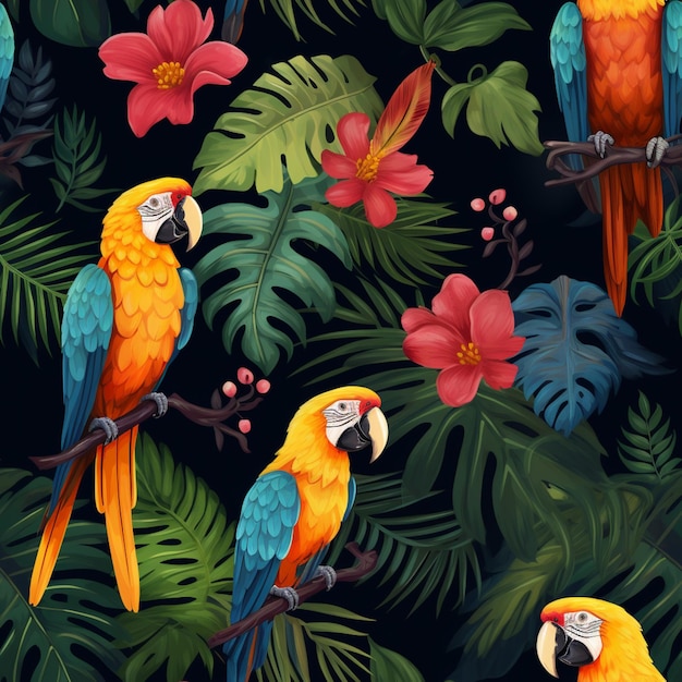 꽃 생성 AI가 있는 나뭇가지에 앉아 있는 다채로운 앵무새가 많이 있습니다