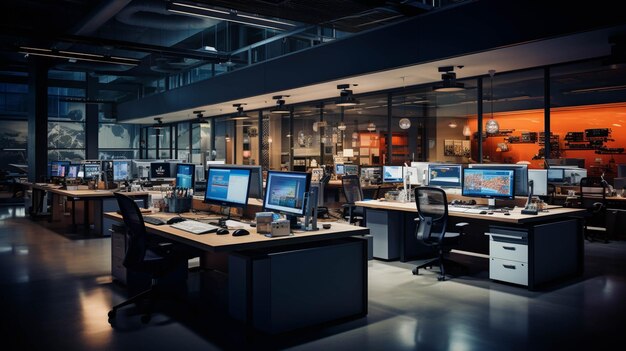 there are many computers on the desks in this office generative ai