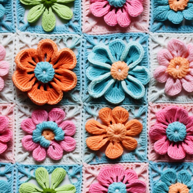 there are many crocheted flowers on a crocheted blanket generative ai