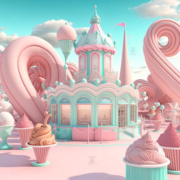 There are many cupcakes and ice creams in the shape of a castle generative ai