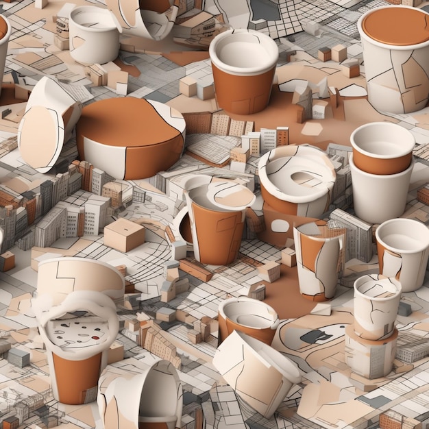 there are many cups and containers on the ground with a building in the background generative ai