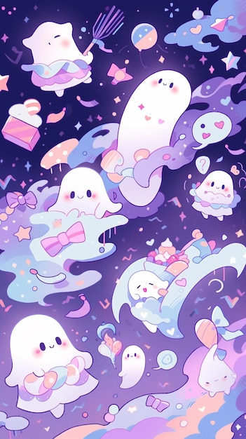There are many cute little ghosts floating in the sky generative ai