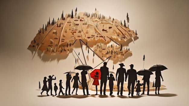 There are many cutouts of family under an umbrella