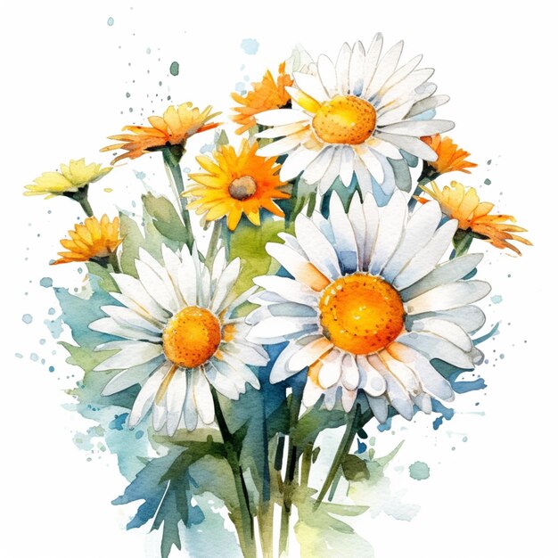 there are many daisies in a vase with watercolor paint generative ai