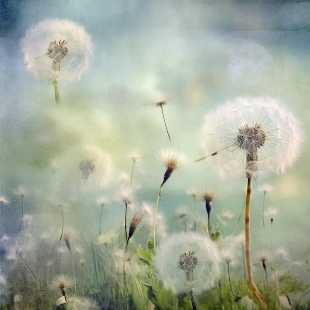 There are many dandelions in the field with a sky background generative ai