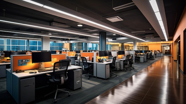 이 사무실에는 큰 창 생성 AI가 있는 많은 책상과 의자가 있습니다.