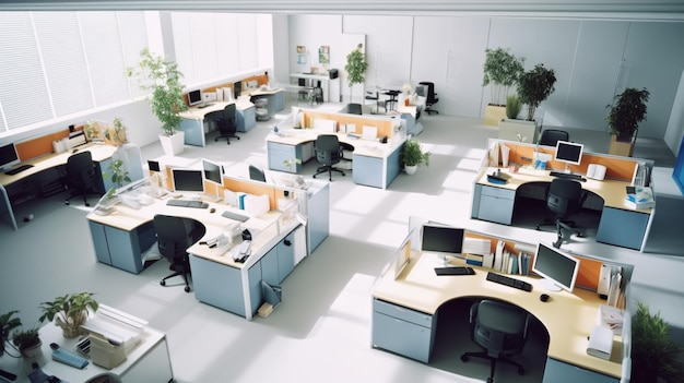 Foto ci sono molte scrivanie e sedie in questo ufficio con un'intelligenza artificiale generativa delle piante