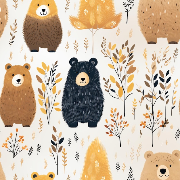 В лесу много разных медведей с листьями.