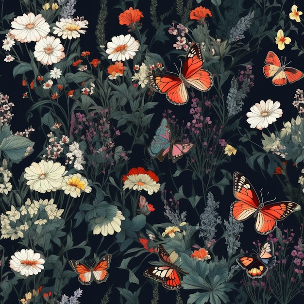 Фото Есть много различных бабочек и цветов на этом темном фоне генеративный ай