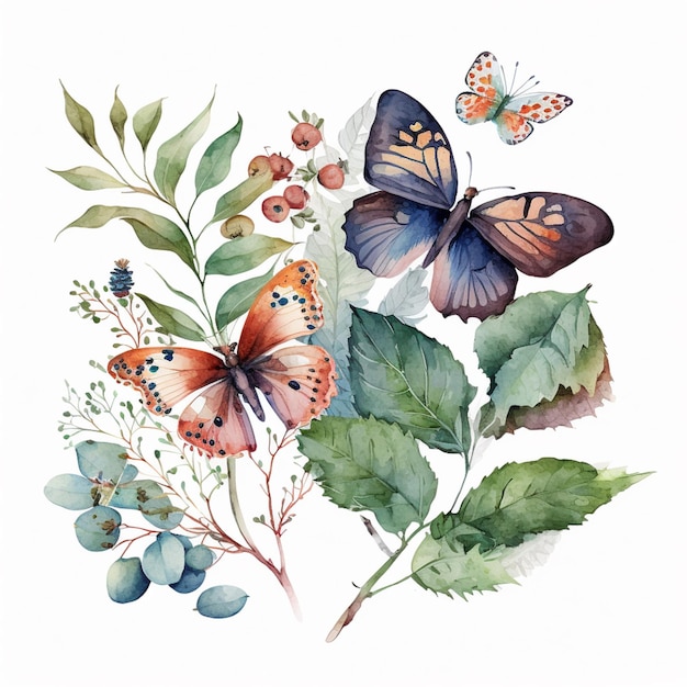 There are many different butterflies and flowers on this branch generative ai