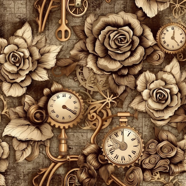 There are many different clocks and flowers on the wall generative ai