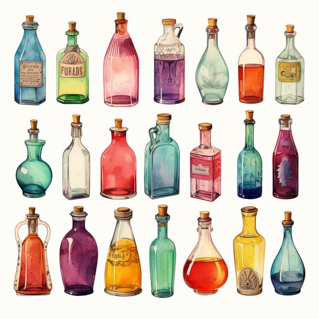 Photo there are many different colored bottles with different shapes and sizes generative ai