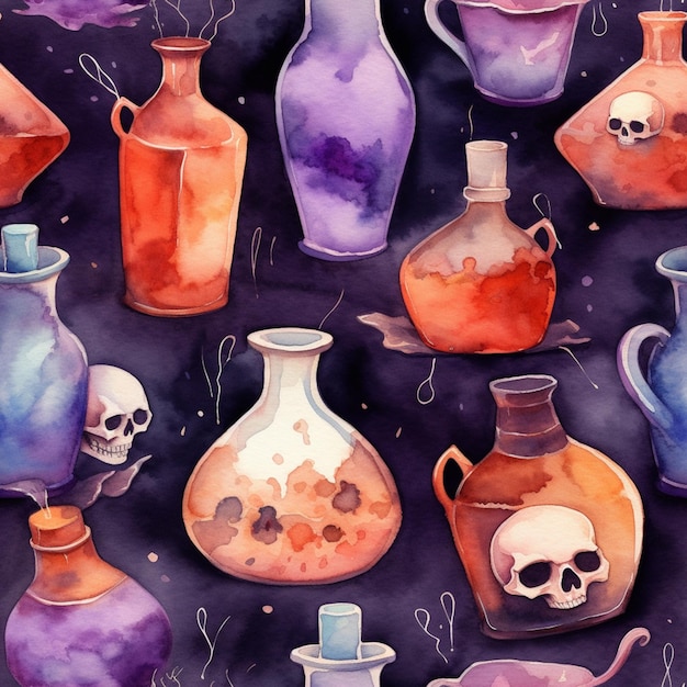 There are many different colored bottles with skulls on them generative ai