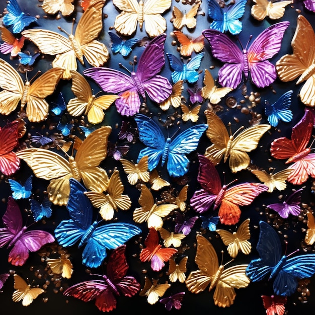 There are many different colored butterflies on a black surface generative ai