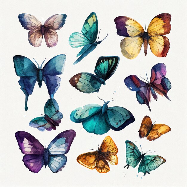 There are many different colored butterflies on a white background generative ai