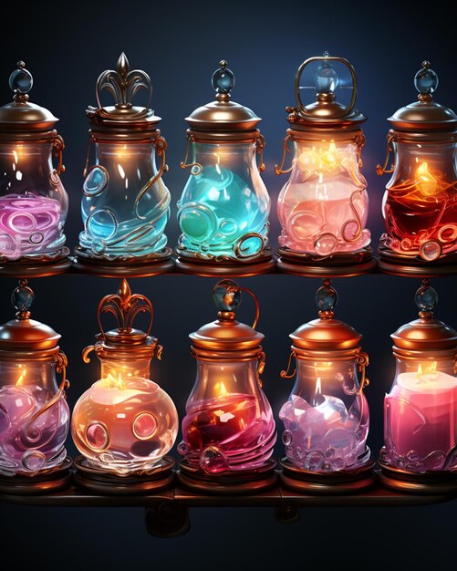 Photo there are many different colored candles in glass jars on a shelf generative ai