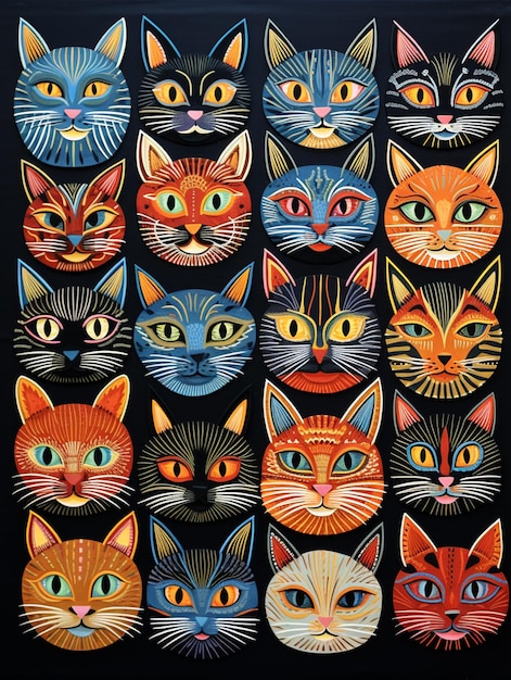 there are many different colored cats on a black background generativ ai
