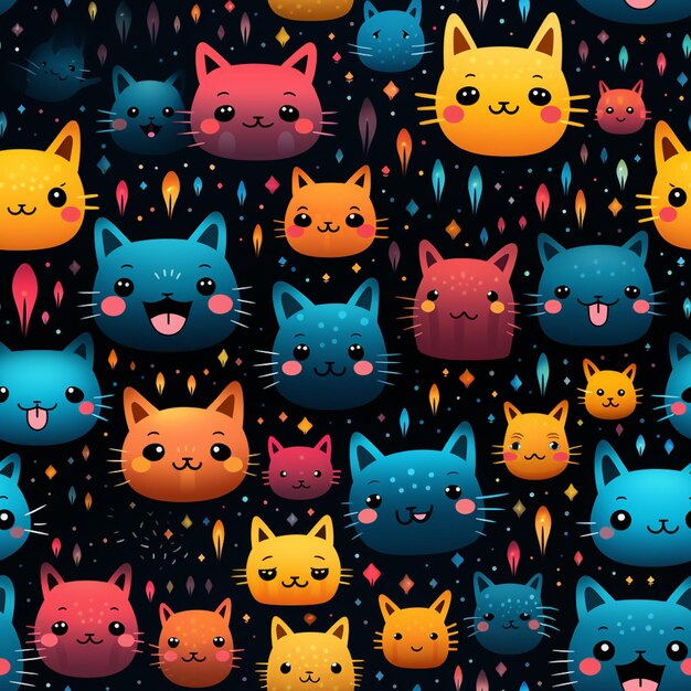 there are many different colored cats on a black background generative ai